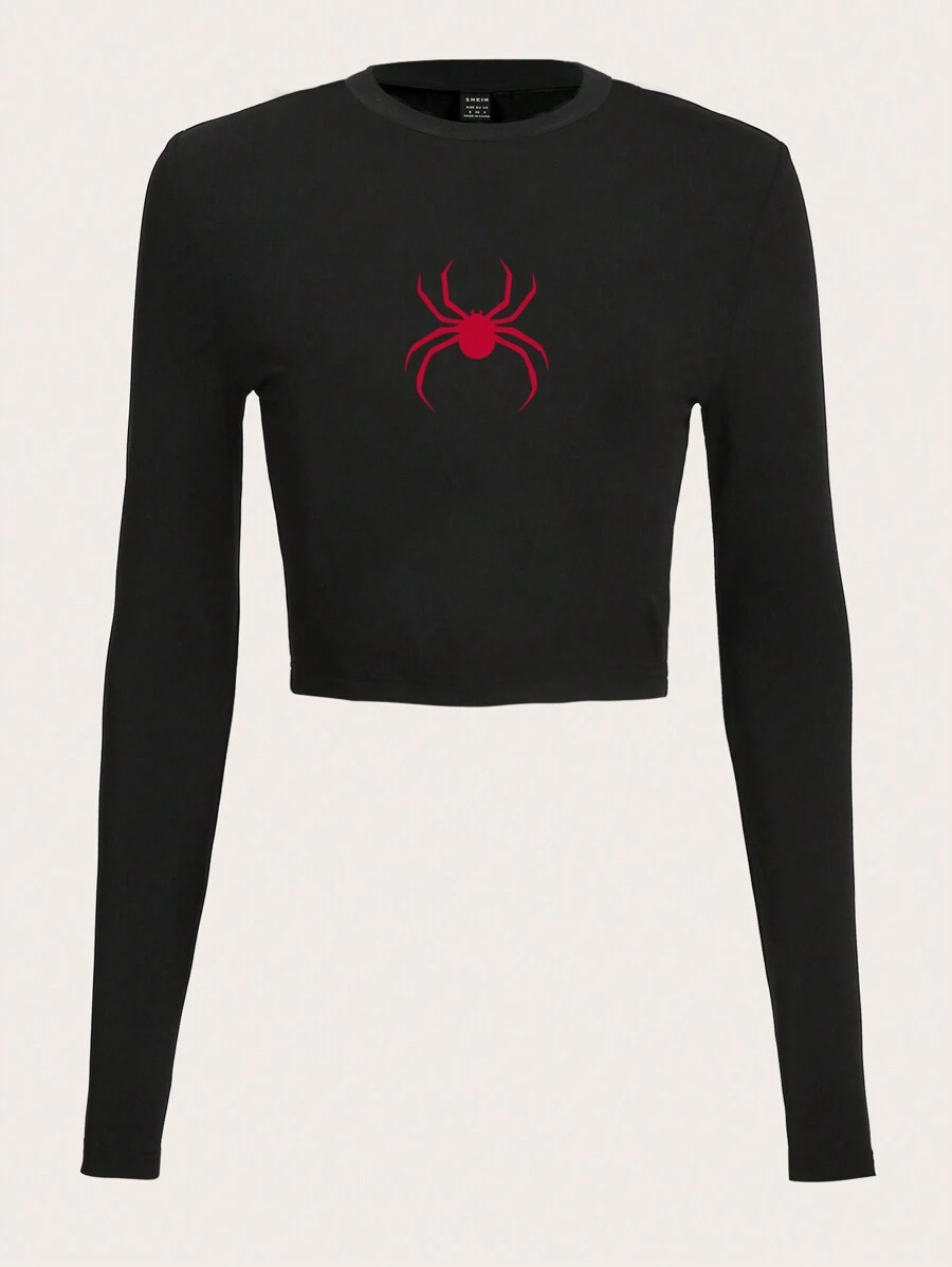 SHEIN EZwear Casual Spider Round Neck Long Sleeve Women's T-Shirt, Spring And Autumn Slim Fit Top Back To School