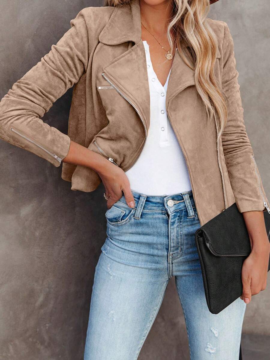 Chiquease Women Suede Zip-Up Motorcycle Jacket With Multiple Zipper Decorations - Khaki - View 1