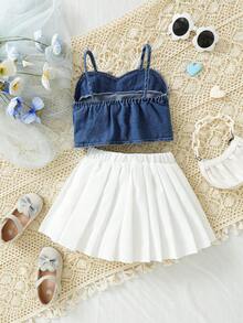 嬰兒女孩丹寧背心上衣和白色百褶裙套裝,優雅可愛的寶寶時尚 - 彩色 - 查看 2