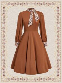 Vintamour Vintage Elegant Women's Plaid Splice Collar Tie Long Sleeve A-Line Dress - Brown - View 2