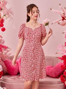 Vestido Rojo De Flores Impresas Para Adolescentes - Multicolor - Ver 1