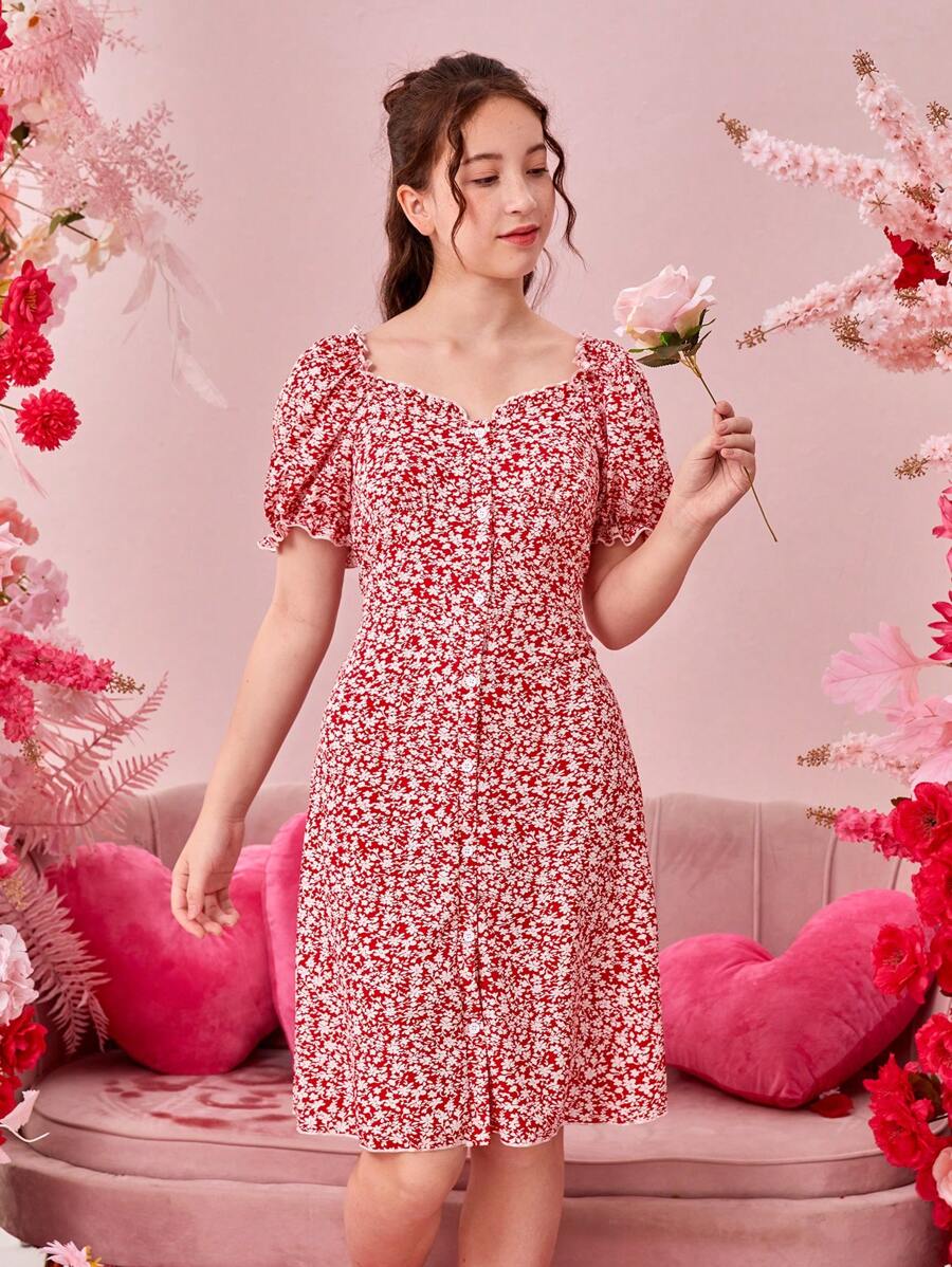 Vestido Rojo De Flores Impresas Para Adolescentes - Multicolor - Ver 1