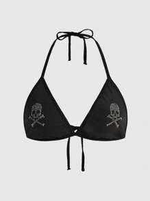 ROMWE Goth Skull Hot Diamond Strap Halter Neck Bra, Rave - Black - View 1