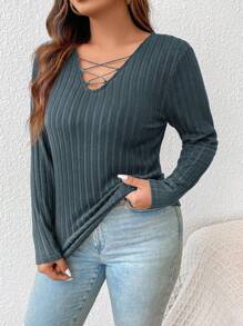 SHEIN Frenchy Plus Size Women'S Solid Color Ribbed Long Sleeve T-Shirt With Tie Detail - Dusty Blue - View 6