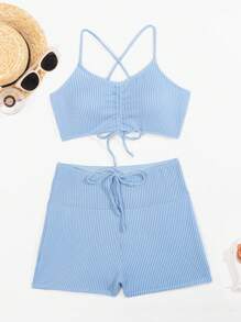 Drawstring Front Cami Top And Shorts Bikini Set Carnival - Blue - View 6