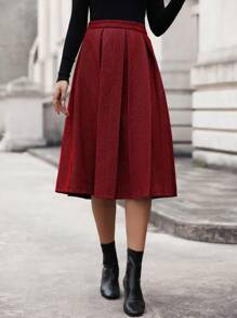 SHEIN Clasi 女式人字紋百褶裙 - 酒紅色 - 查看 1