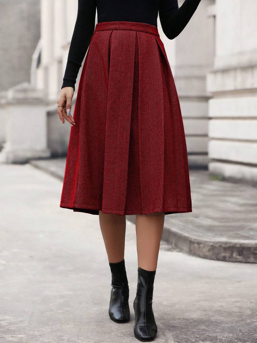 SHEIN Clasi 女式人字紋百褶裙 - 酒紅色 - 查看 1