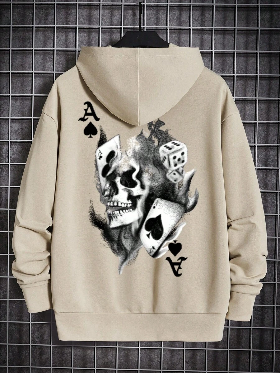 Men's Oversized Playing Card & Skull Print Hooded Sweatshirt - Khaki - View 1