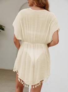 Swim Vcay Summer Beach Women's Drawstring Waist Paneled Fringed Kimono Blouse - Apricot - View 3