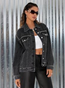 SHEIN EZwear Women'S Rivet Detail Button Front Denim Jacket - Black - View 4