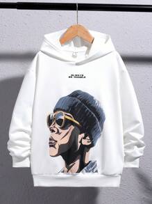 SHEIN Cậu bé Tween Giải trí Phong cách đường phố In áo có mũ Đan Áo nỉ Với Nhân vật Mẫu - trắng - Xem 1
