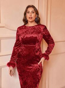 SHEIN Belle Plus Size Fuzzy Cuff Velvet Bodycon Dress - Red - View 6
