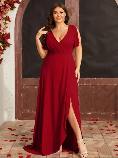Women Plus Size V-Neck Hi-Lo Bridesmaid Dress Flowy Chiffon Party Wedding Guest