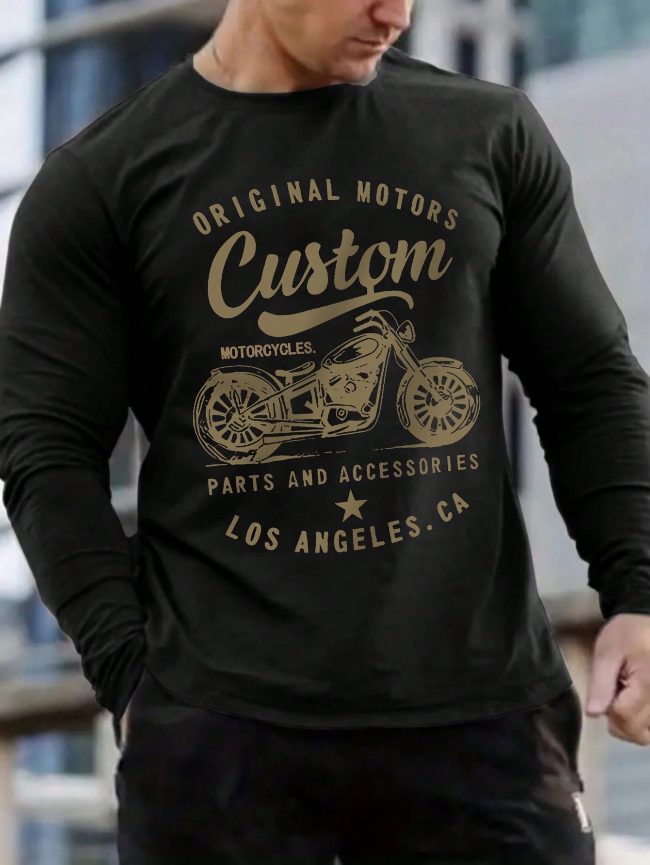 Men's Casual Motorcycle Letter Print Crew Neck Long Sleeve T-Shirt