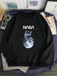 Men'S Plus Size Astronaut And Letter Print Thermal Lined Sweatshirt - Black - View 1