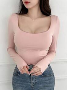 DAZY Women's Solid Color Slim Fit T-Shirt With Large Round Neckline - Dusty Pink - View 3