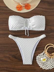 SHEIN Swim Bandeau Texture Bikini Set With Drawstring Detail Wedding Summer - White - View 6