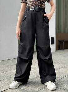 Tween Girls' Street Style Solid Color Wide Leg Pants With Slanted Pockets, Suitable For Daily Wear - Black - View 1