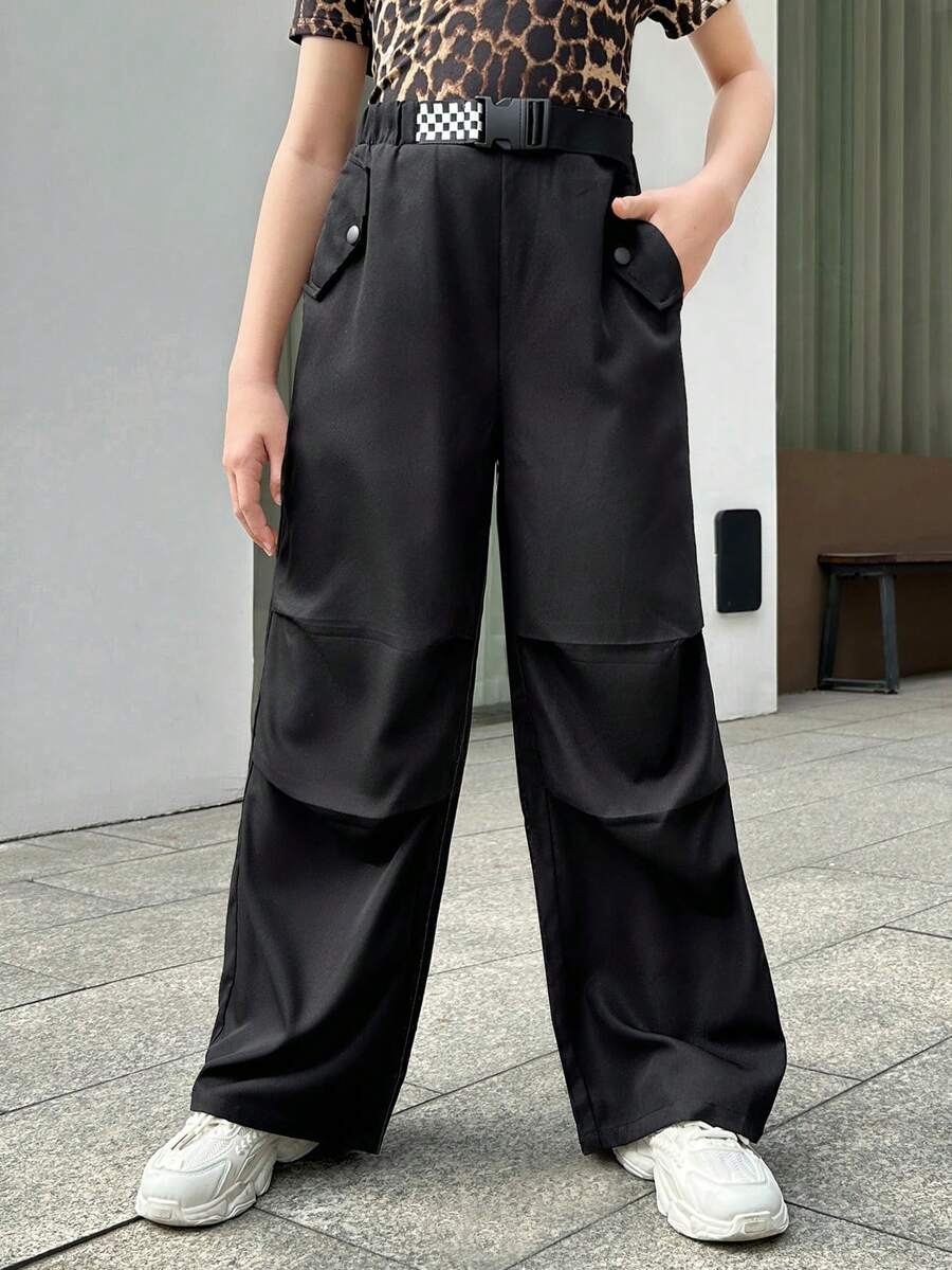 Tween Girls' Street Style Solid Color Wide Leg Pants With Slanted Pockets, Suitable For Daily Wear - Black - View 1