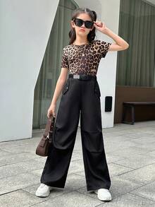 Tween Girls' Street Style Solid Color Wide Leg Pants With Slanted Pockets, Suitable For Daily Wear - Black - View 5
