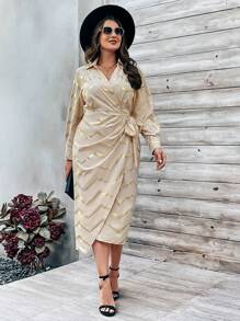 EMERY ROSE Plus Size Women'S Wrap Dress With Gold Foil Printed Floral Pattern - Apricot - View 4