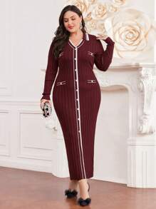 Modelyn 大碼拼色針織毛衣連衣裙,配對比色邊緣 - 酒紅色 - 查看 6