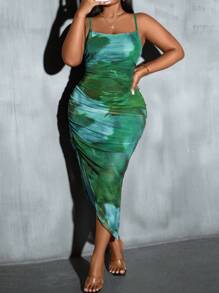 Maweii 大尺碼女款紮染褶襉吊帶連身裙 - 綠色 - 查看 1