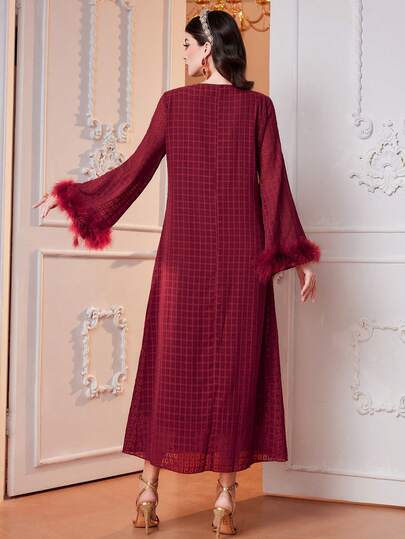 Burgundy Red Women's Fish Scale Embroidered Fur Cuffs Bell Sleeve Dress, Elegant Evening Party Dress