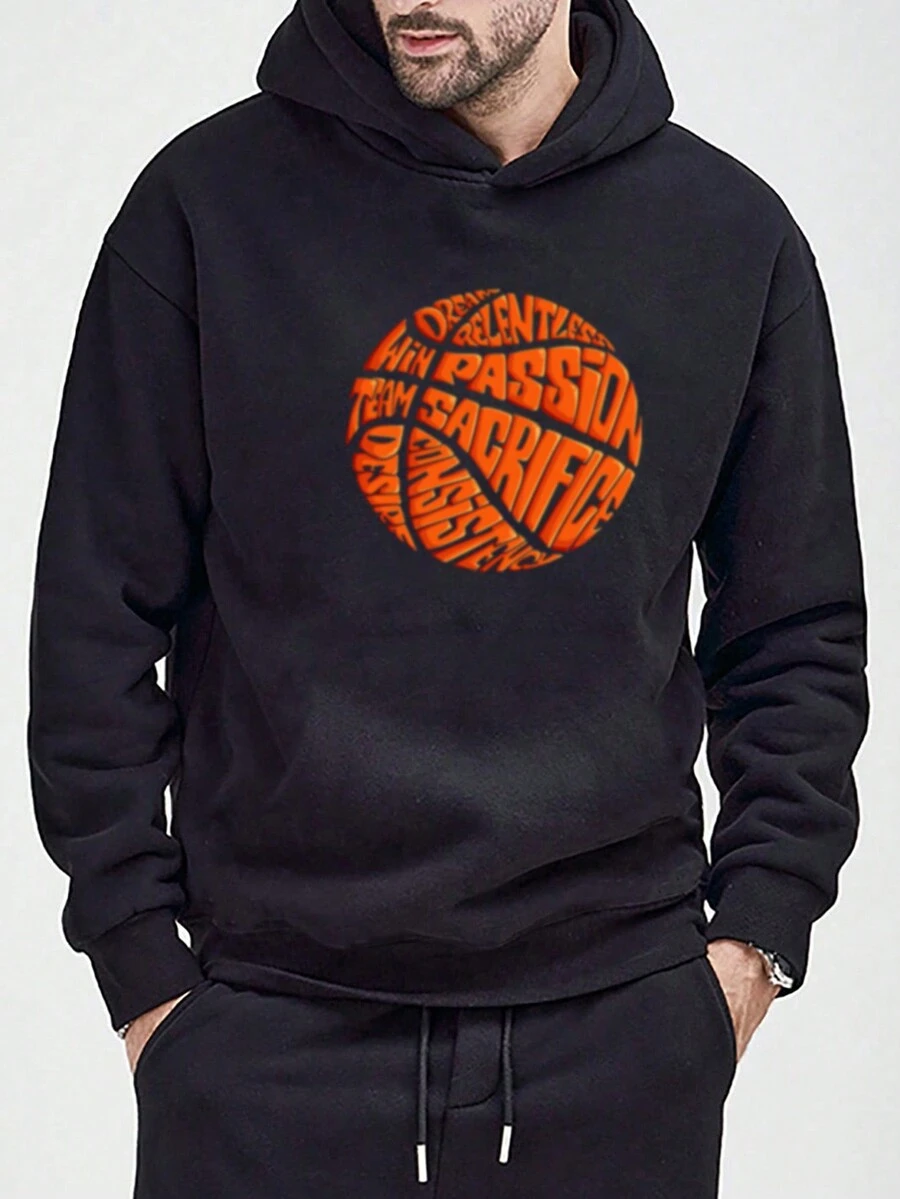 Manfinity Men's Oversized Letter Printed Basketball Pattern Hooded Sweatshirt - Black - View 1