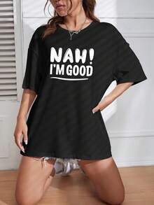 SHEIN EZwear 女士字母印花圓領t卹 - 黑色 - 查看 4