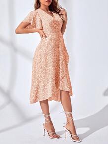 SHEIN VCAY Vestido Cruzado Anudado Con Mangas Con Volantes Y Estampado Floral - Amarillo - Ver 5