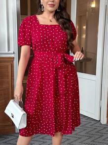 SHEIN Clasi Vestido Ajustado A La Cintura Y Escote Cuadrado Con Estampado De Corazones De Talla Grande Para Mujer - Rojo - Ver 5