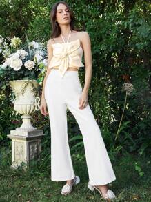 Enchnt Butterfly Decorated Halter Neck Top With 3d Effect - Apricot - View 3