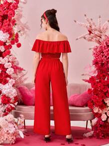 青少女實色露肩短上衣和實色長褲套裝 - 紅色 - 查看 2