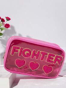 1pc Minimalist Mother's Day Embroidered Letter PVC Semi-Transparent Cosmetic Bag, Toiletry Pouch, Suitable For Travel, Holiday, Gift - Hot Pink - View 9