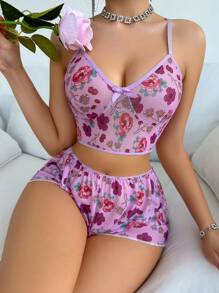 SHEIN 花卉網眼蕾絲內衣套裝,帶有蝴蝶結細節 - 紫色 - 查看 1