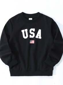 SHEIN 年轻男孩休闲字母与旗帜印花长袖运动衫 - 黑色 - 查看 1