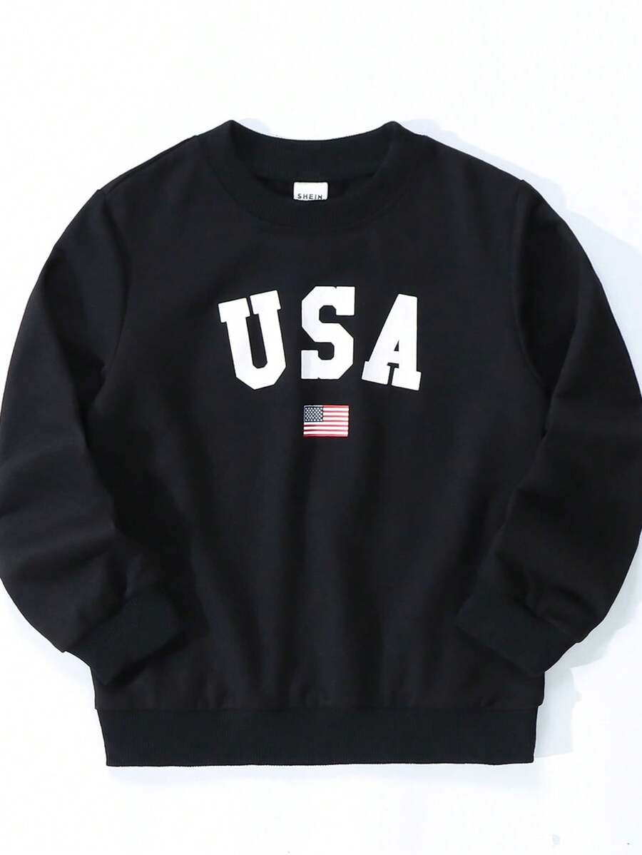 SHEIN 年轻男孩休闲字母与旗帜印花长袖运动衫 - 黑色 - 查看 1