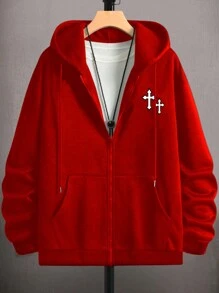 Manfinity EMRG 男士寬鬆版十字紋拉鍊帽衫 - 紅色 - 查看 1