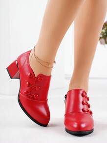 春季新款紅色低跟皮革腳踝靴女款,側拉鍊設計,舒適短靴 - 紅色 - 查看 4