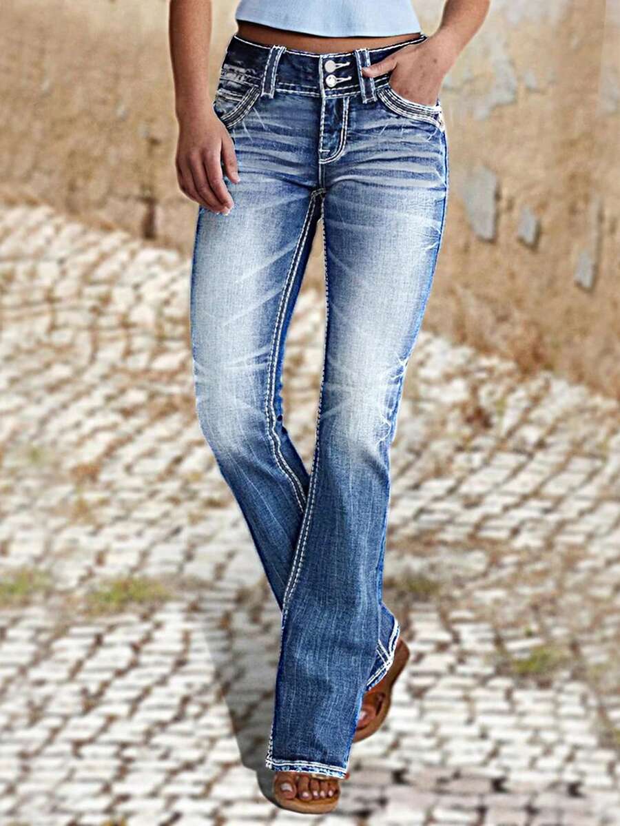 Elegant High Waist Stretch Flared Jeans - Women's Vintage Washed Bootcut Denim Pants, Classic Retro 70s Style, Comfortable Skinny Fit Casual Trousers - 中等水洗藍 - 查看 1