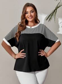 EMERY ROSE Áo thun tay cánh dơi họa tiết sọc cỡ lớn cho nữ mùa xuân, mùa hè - Đen và trắng - Xem 4