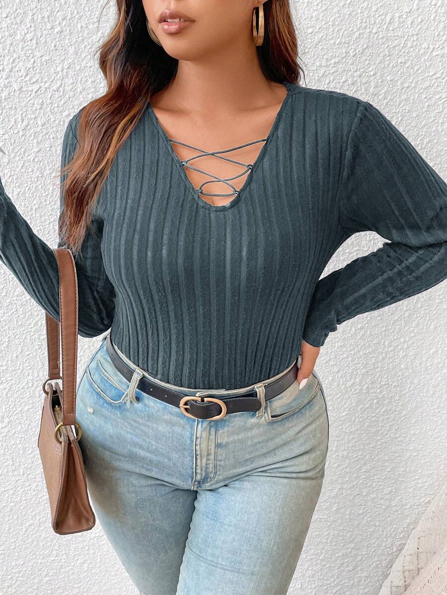 SHEIN Frenchy Plus Size Women'S Solid Color Ribbed Long Sleeve T-Shirt With Tie Detail - Dusty Blue - View 1