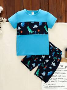 SHEIN 男童卡通恐龍印花短袖t恤和短褲2件套裝 - 彩色 - 查看 3