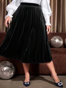 EMERY ROSE 大尺碼絨布褶裙 - 黑色 - 查看 1