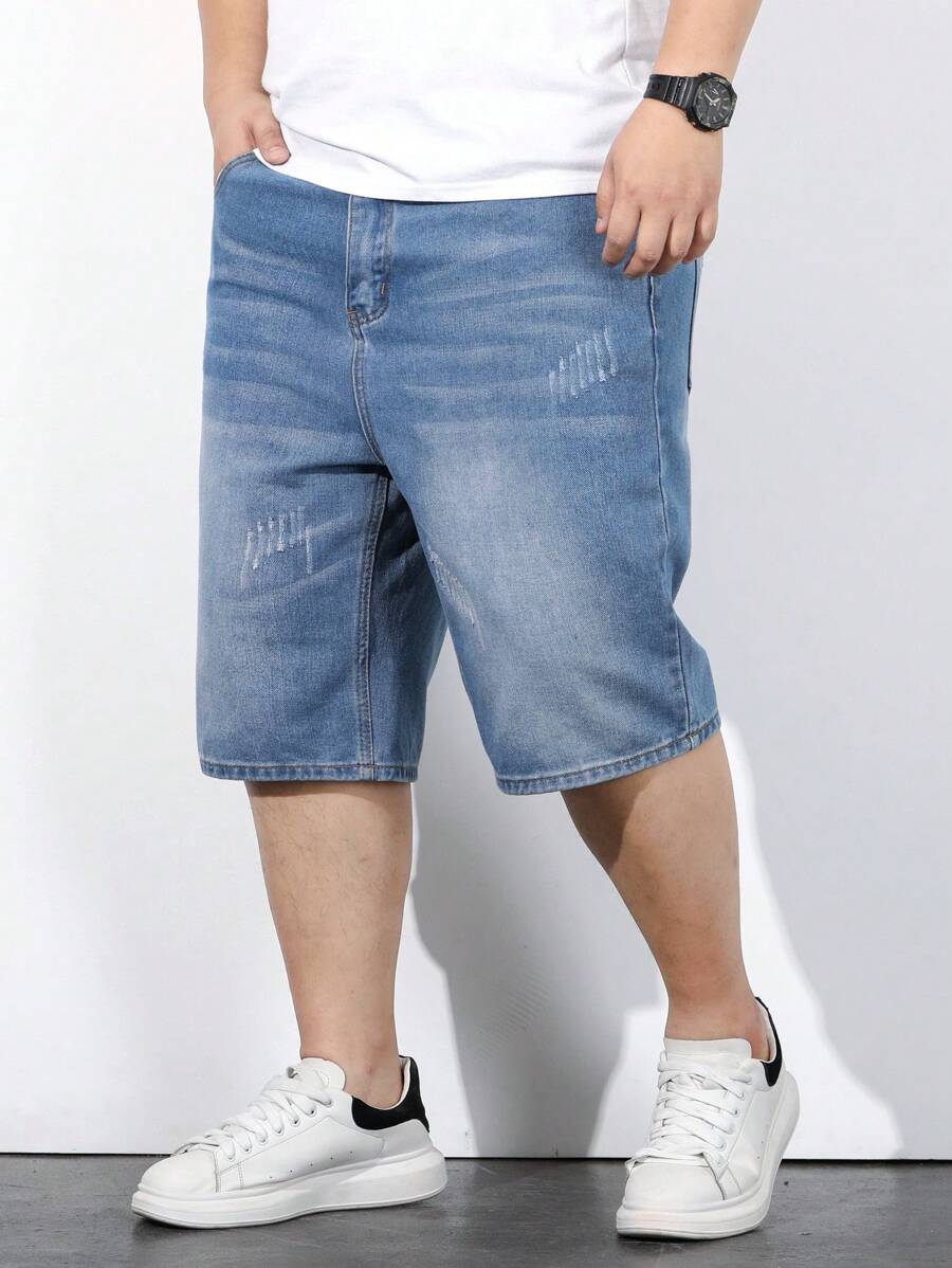 Manfinity Homme Men'S Plus Size Whiskered Straight Denim Shorts - Blue - View 1