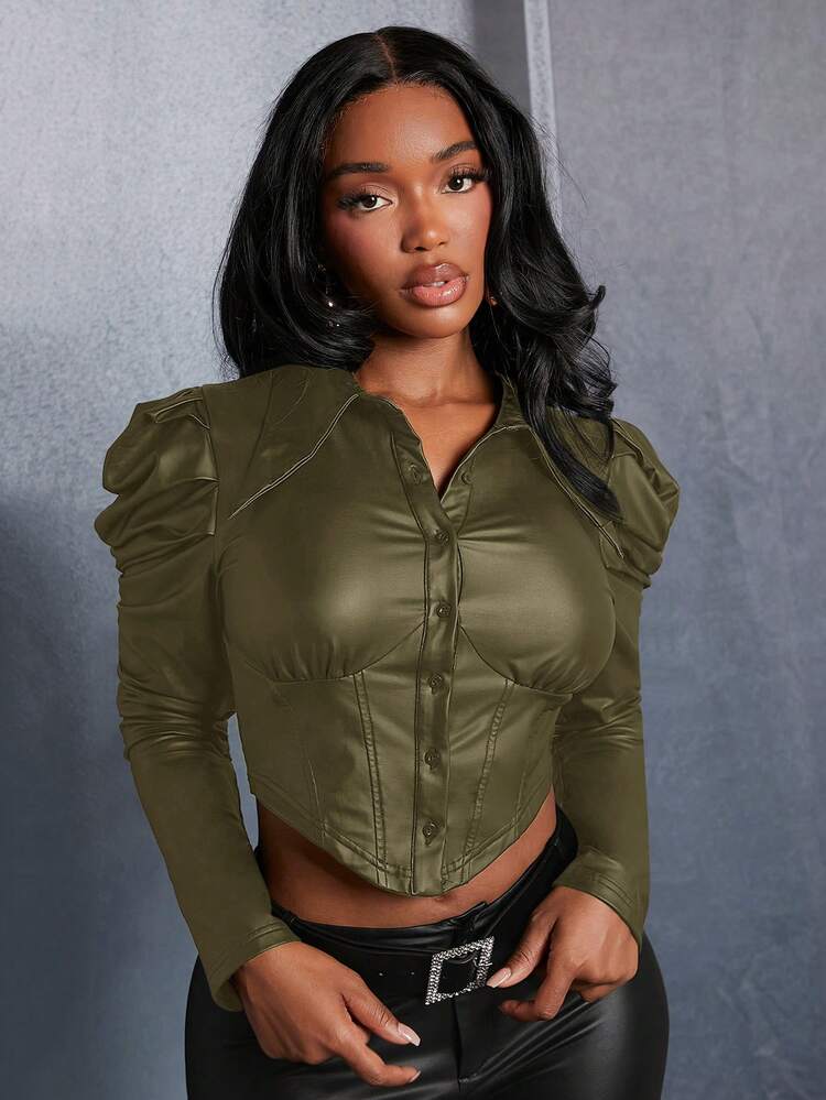 Women's Button Front Shirt With Leg-Of-Mutton Sleeves