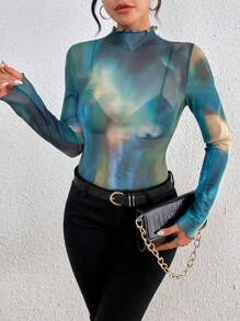 SHEIN Essnce 女式紮染立領上衣 - 綠色 - 查看 6