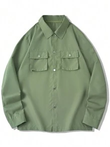 Manfinity Homme Men'S Button-Up Shacket With Flap Pockets - Army Green - View 4