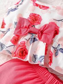 女婴花卉印花盖袖上衣和短裤套装 - 彩色 - 查看 5